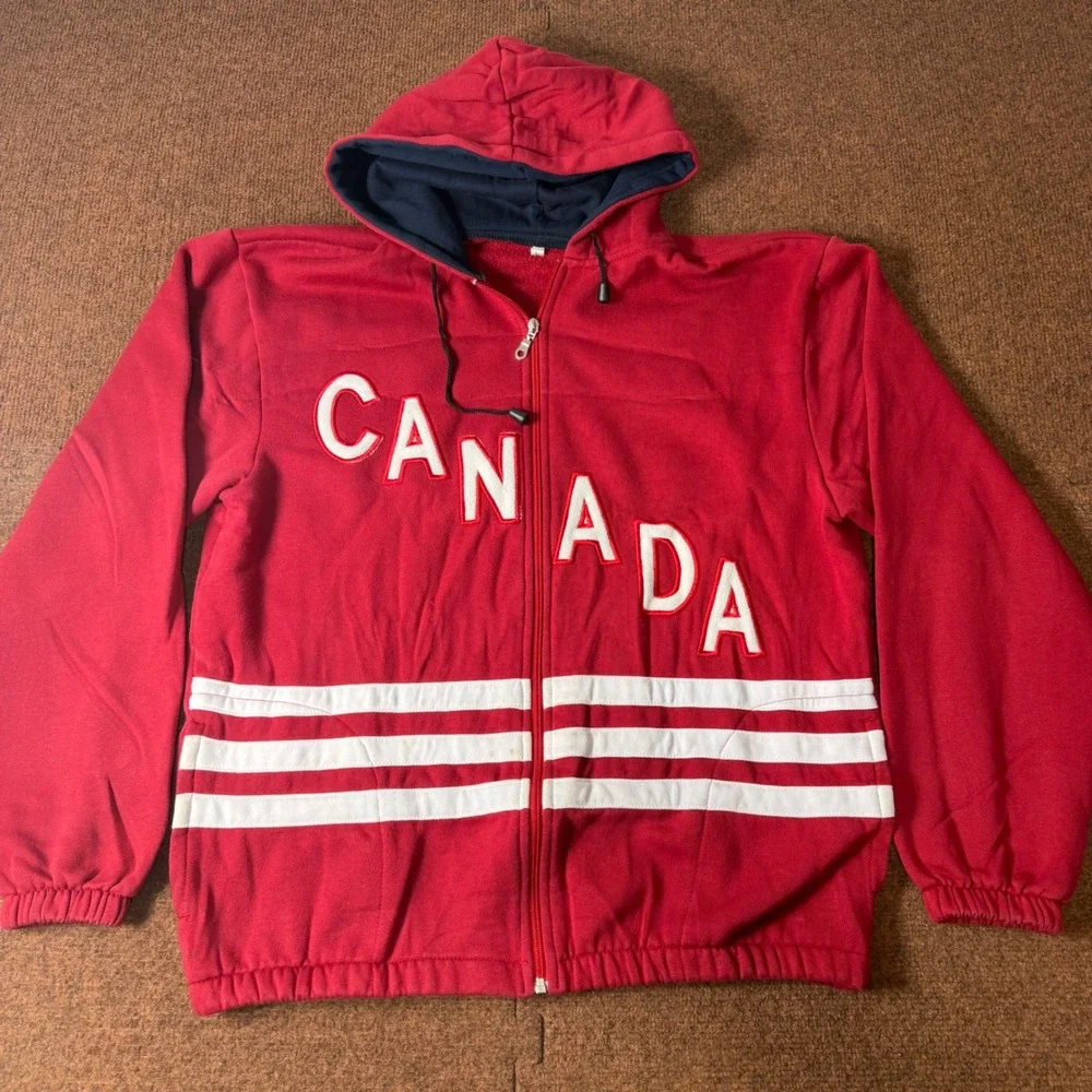 A+ Vintage Canada Red Full Zip Hoodie Sweatshirt White Stripes Men Large